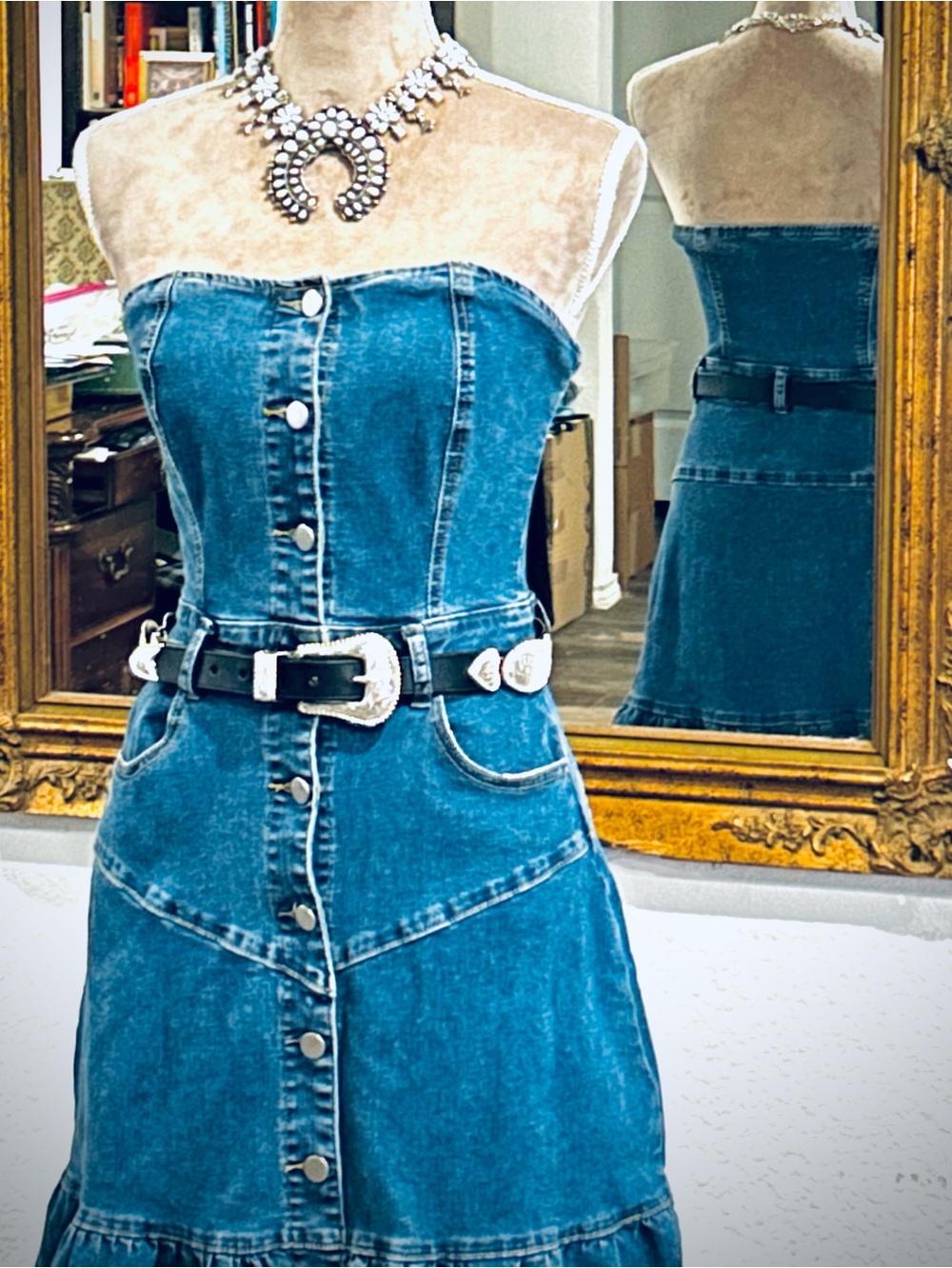 Vintage Strapless Denim Western Overall Rodeo Cowgirl Festival Maxi Dress - Picture 6 of 6